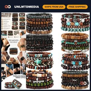 44/45 Pcs Wooden Bead Bracelets Set for Men & Women - Boho Stackable Tribal Cuff